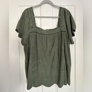 Lucky Brand Army Green Embroidered Blouse